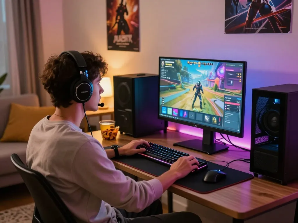 Adult game enthusiast immersed in a cozy gaming setup with engaging content.