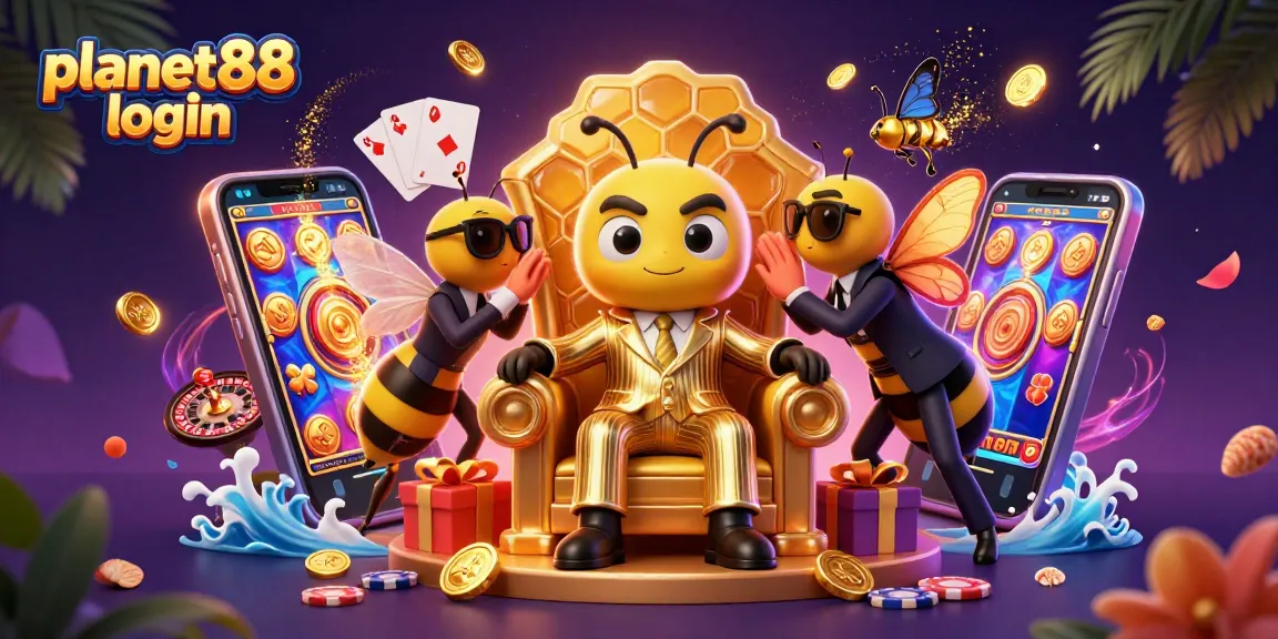Win max jackpots with planet88 login featuring a cartoon bumblebee mob boss in a digital casino scene.