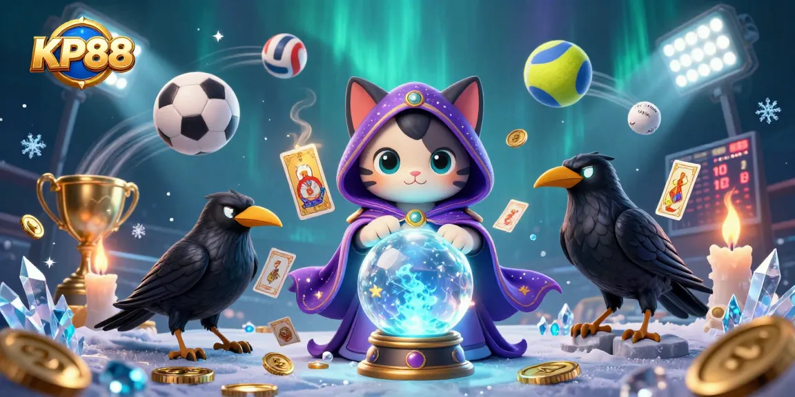 Immerse in KP88’s thrilling world with a mystical cat, glowing raven, and vibrant sports elements.