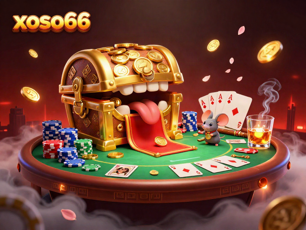 Experience thrilling adventures with xoso66, featuring a treasure chest, poker chips, and warming lanterns.