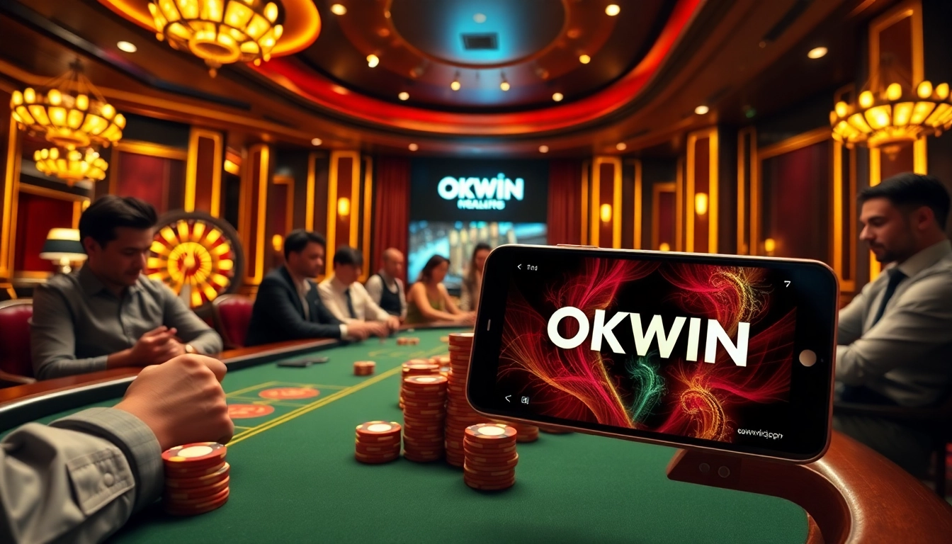 Engaging players at a poker table showcasing OKWIN branding, depicting a vibrant casino atmosphere.