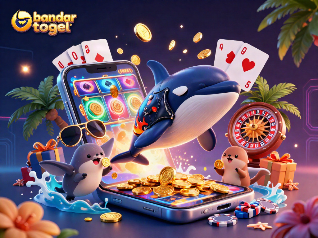 Bandar macau togel menampilkan orca kartun dalam jaket kulit dan berang-berang dengan koin emas, menambah semangat perjudian.