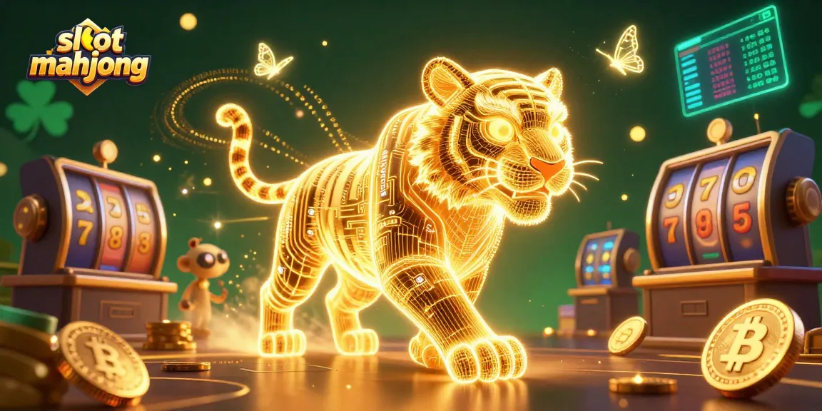 Engage in thrilling slot mahjong gameplay with a neon tiger alongside glowing crypto elements.