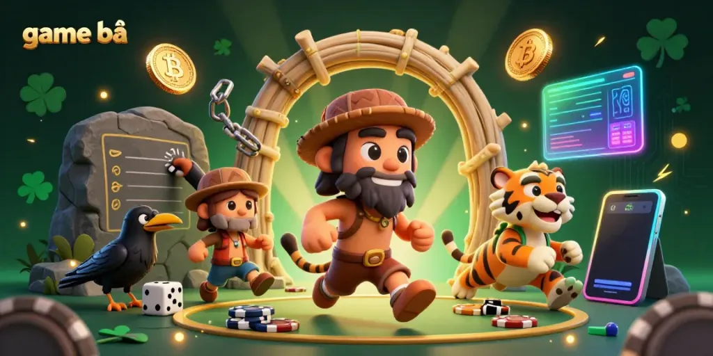 Experience game bài through a captivating scene of a caveman and a sabertooth tiger running a prehistoric casino.