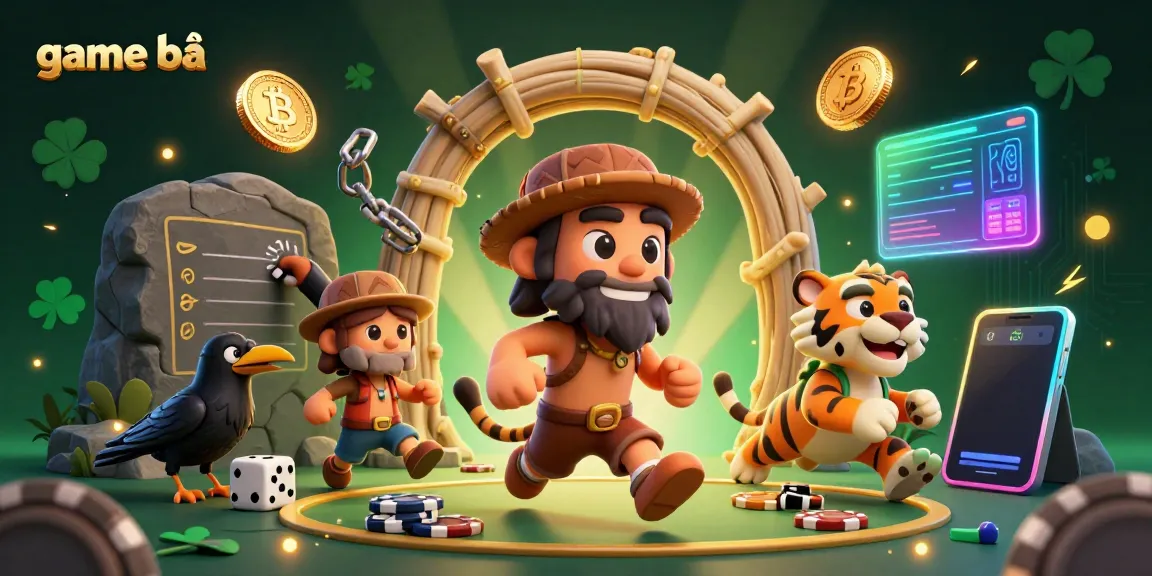 Experience game bài through a captivating scene of a caveman and a sabertooth tiger running a prehistoric casino.