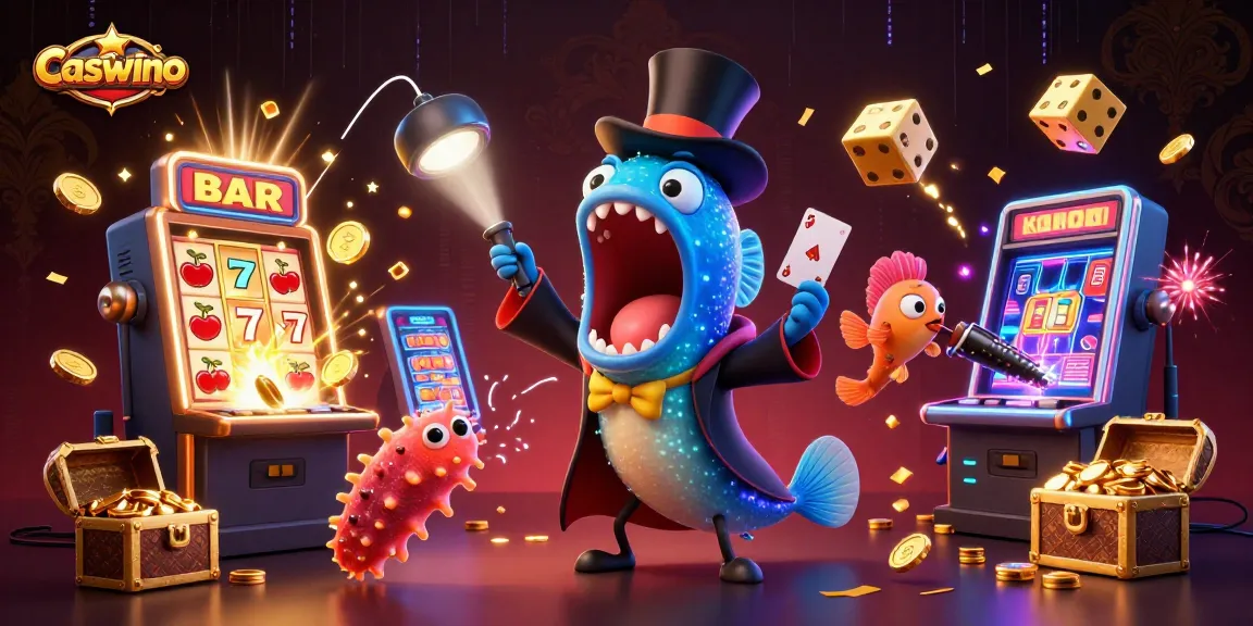 Caswino showcases vibrant jackpot slots with a magician eel and anglerfish in a dynamic casino scene.