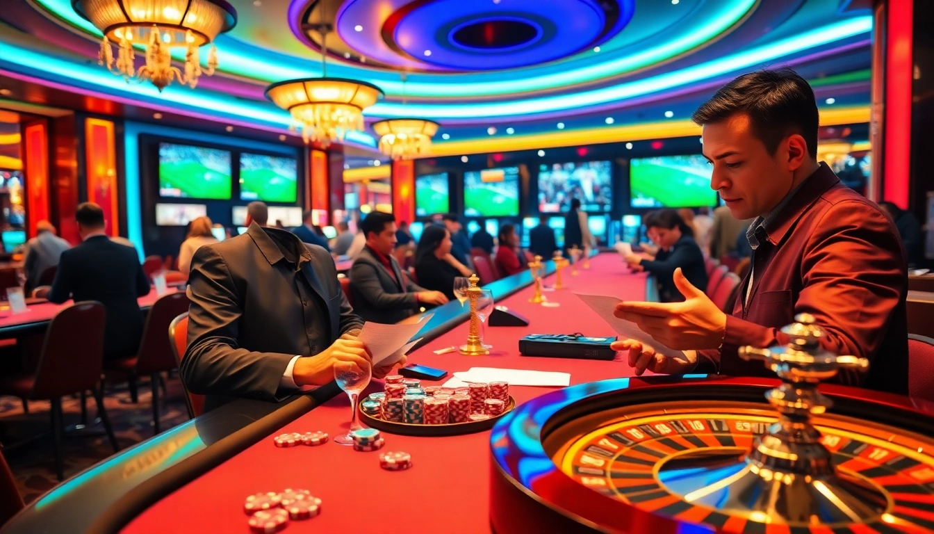 Mastering เทคนิคแทงบอล with a skillful player analyzing betting slips in a lively casino environment.