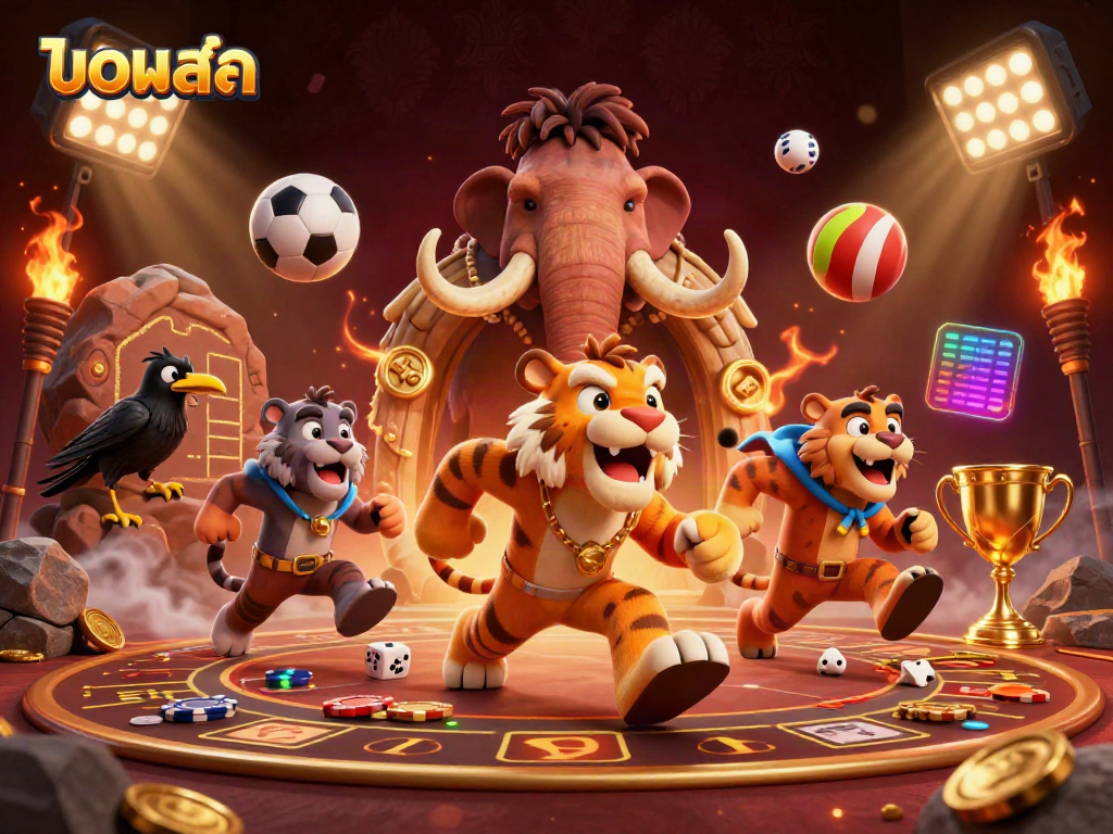 Experience live betting action with บอลสด in this vibrant 3D casino illustration featuring cavemen and sports elements.