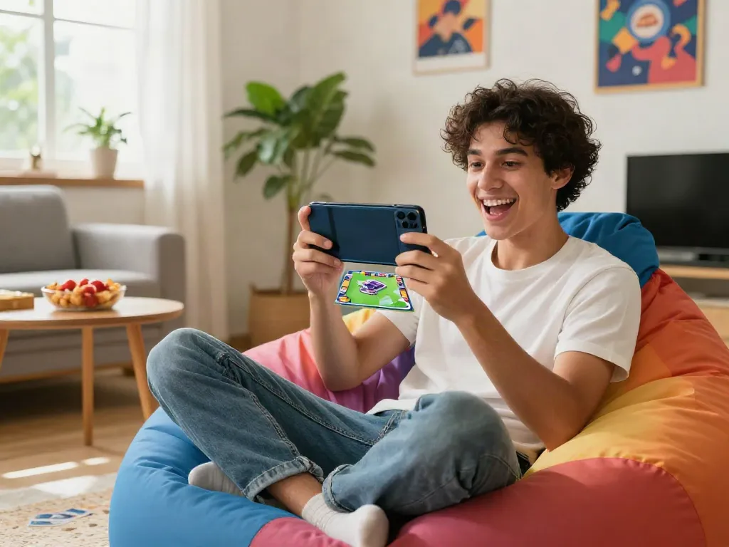 Engaged player enjoying Rumble Rummy on mobile in a cozy living room.