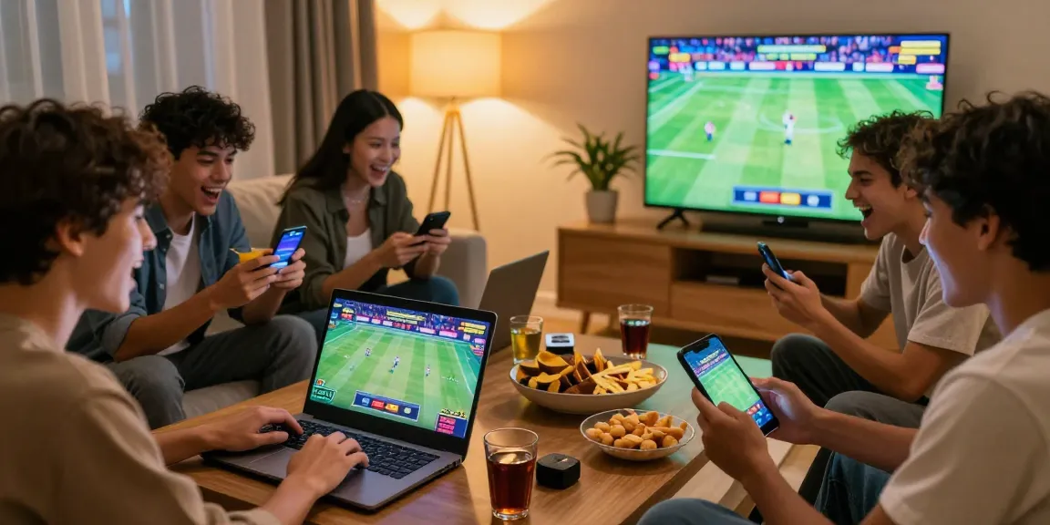 Friends enjoying online betting with 28bet in a lively home setting, engaged and cheering for live sports events.
