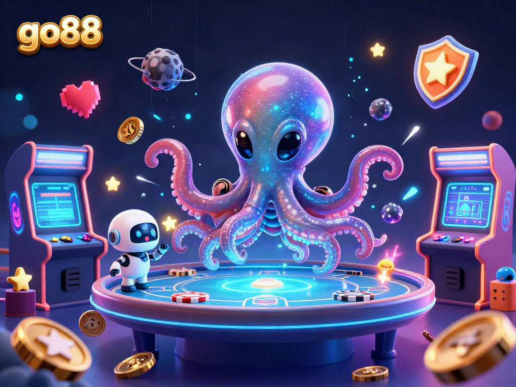 go88 showcases a vibrant alien casino scene with an octopus dealer and robot companion.