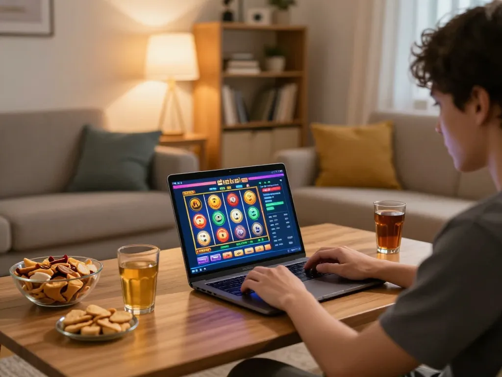 Sparking excitement as players engage in situs slot gaming on a laptop at home, showcasing a cozy environment.