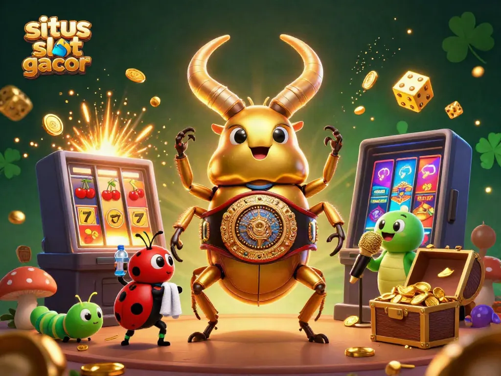 Gambaran menarik situs slot gacor dengan karakter lucu di tengah mesin slot yang mengeluarkan koin emas.