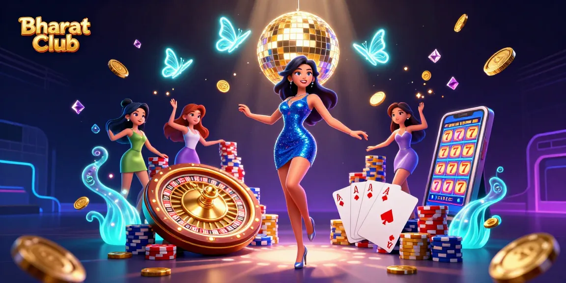 Bharat Club players enjoying vibrant games with cascading coins and vivid graphics in a dynamic casino scene.