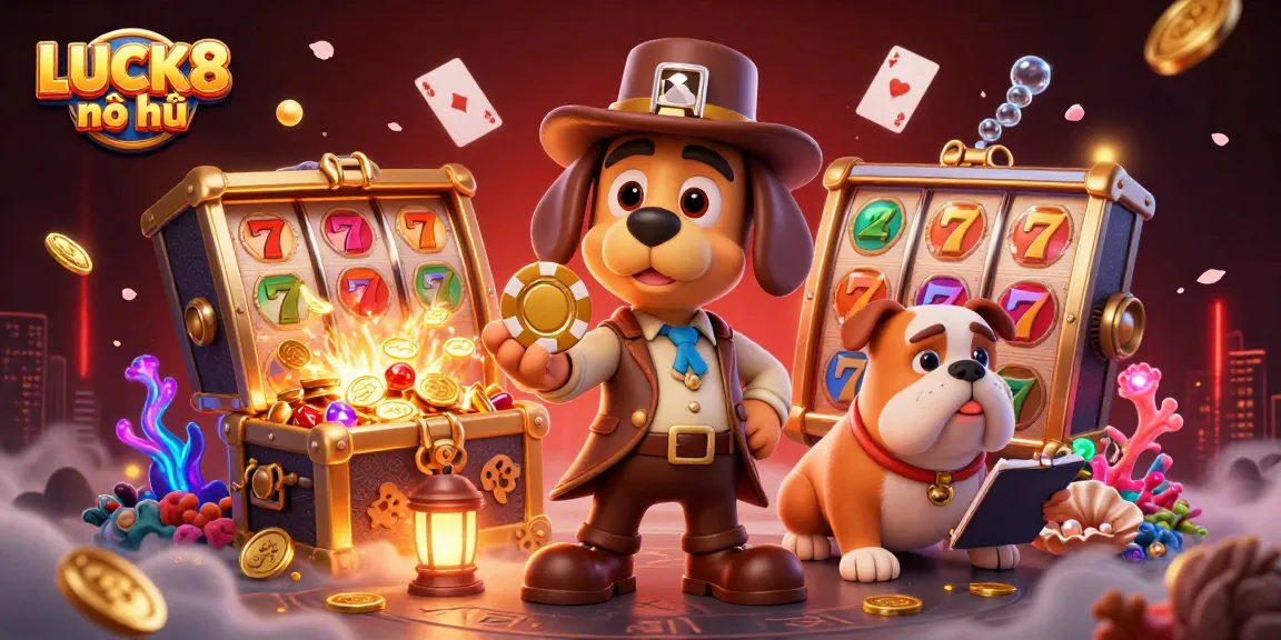 Engage with LUCK8 nổ hũ jackpot slots while a detective and dog uncover treasure clues.