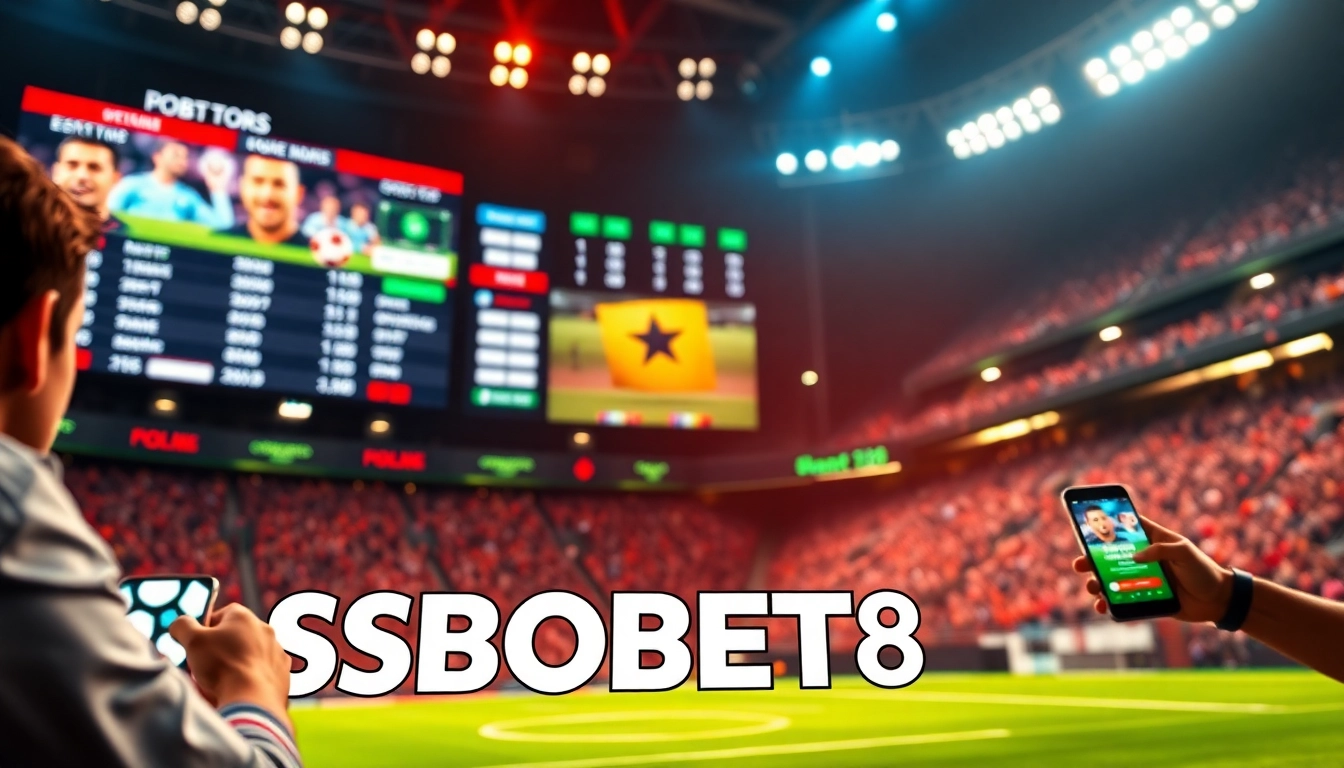 Taruhan SBOBET88 dengan logo di layar digital dan latar belakang pertandingan sepak bola.