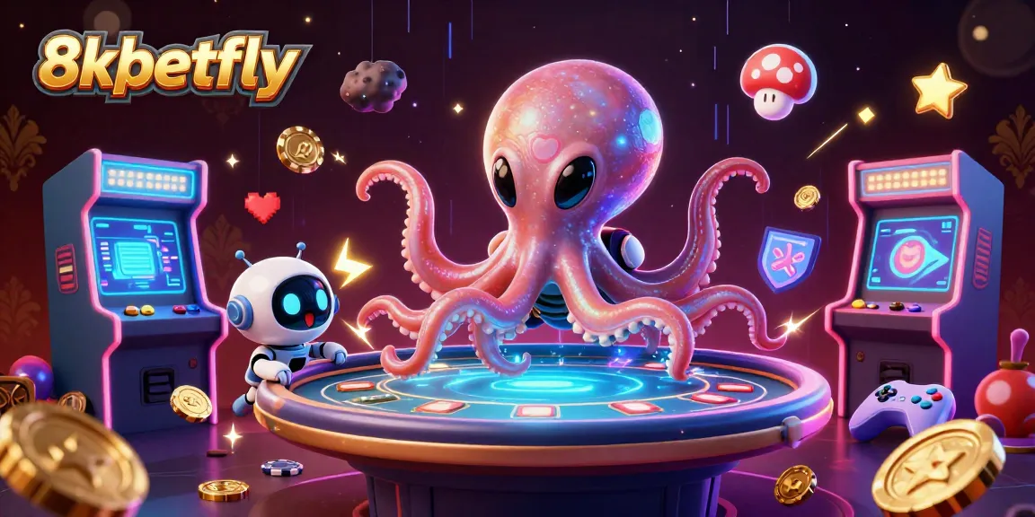 A colorful illustration of 8xbetfly featuring an alien octopus at a holographic poker table with vibrant casino elements.