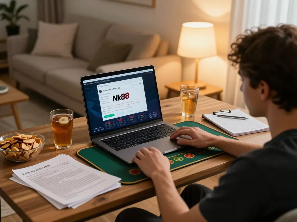 Nk88 đăng nhập interface displayed on laptop as player engages in online gaming, showing cozy home environment.
