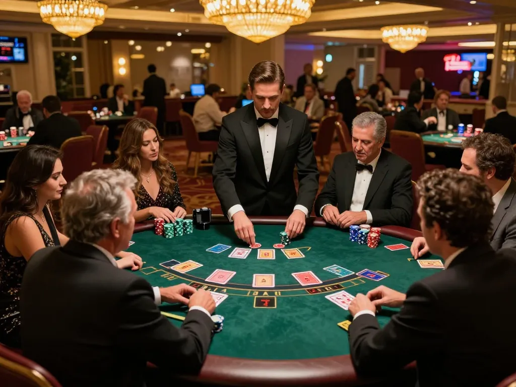 gbong players strategizing at a lively blackjack table in a vibrant Vegas casino.
