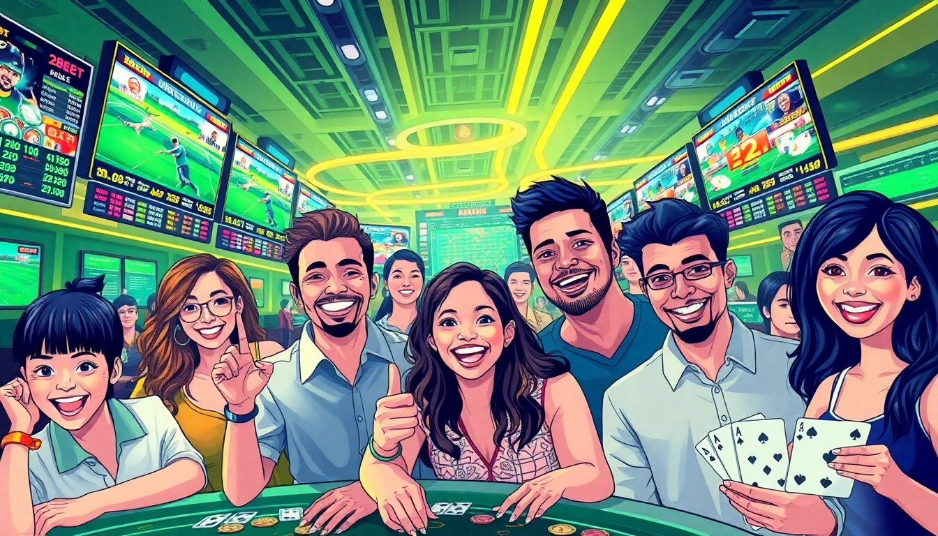 Exciting scene showcasing diverse bettors enjoying various games and sports events at 28BET, conveying a lively casino atmosphere.