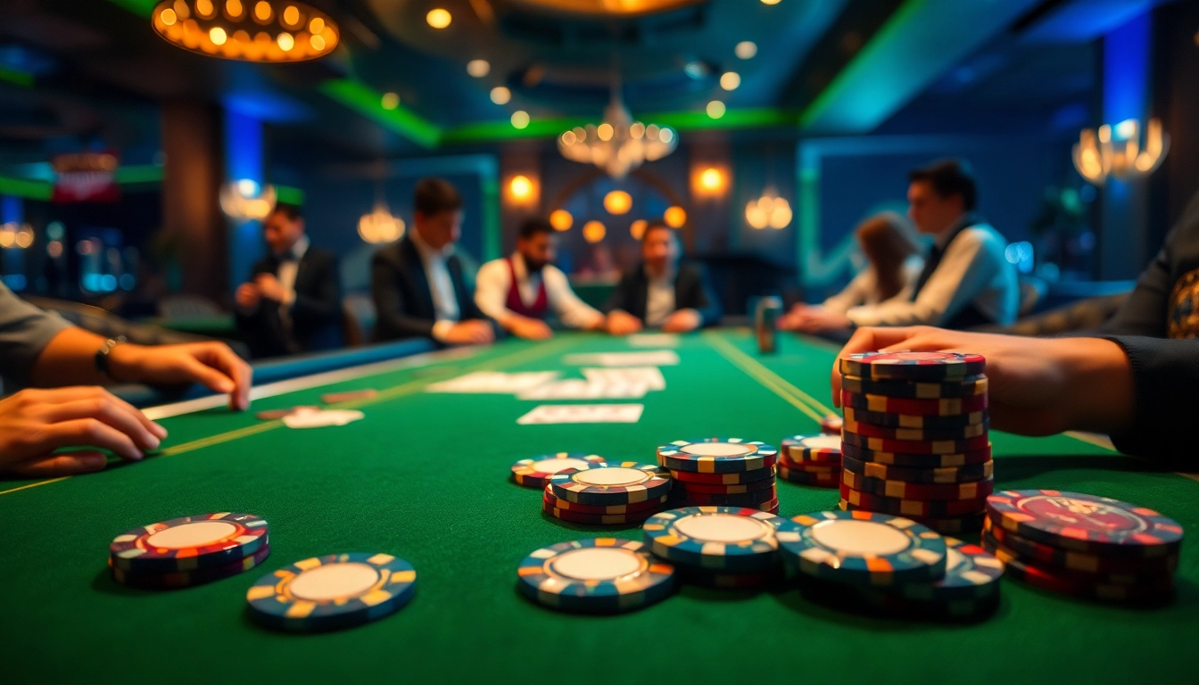 Aksi seru permainan dengan xgslot88 di meja poker mewah, chip dan kartu bersinar.