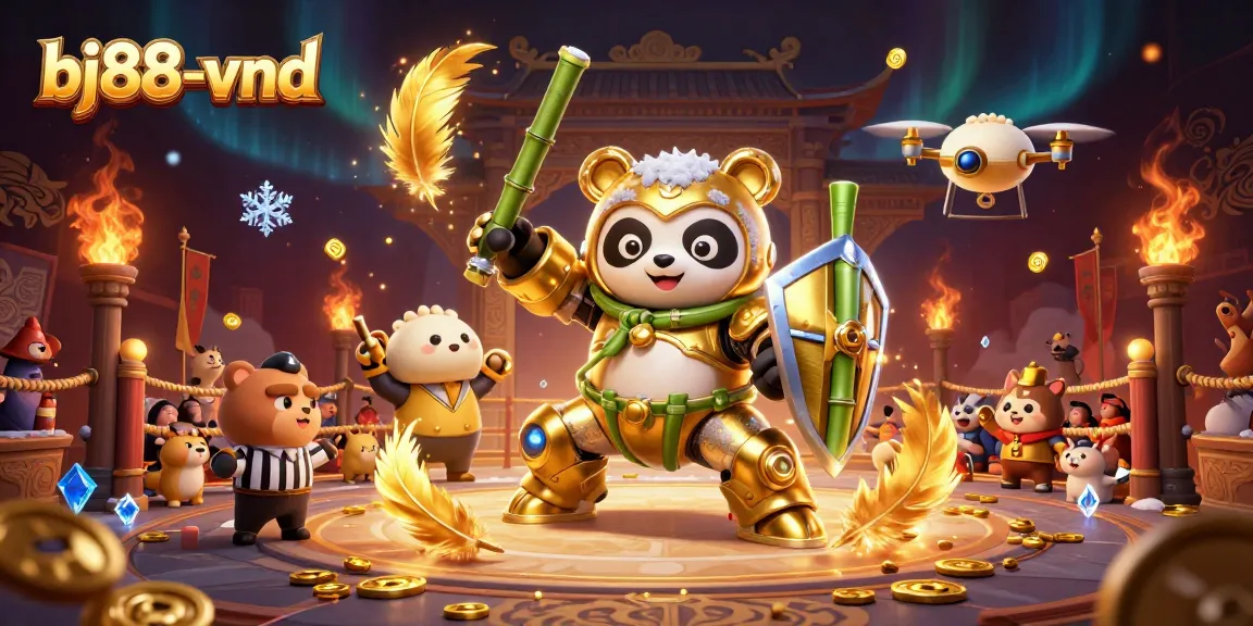 Experience thrilling action at bj88-vnd, featuring a golden panda in a mech-suit on a lavish gaming stage.