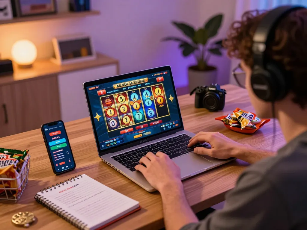 Orang yang terlibat dalam permainan slot online di laptop, menunjukkan antarmuka permainan yang cerah dan elemen strategis.