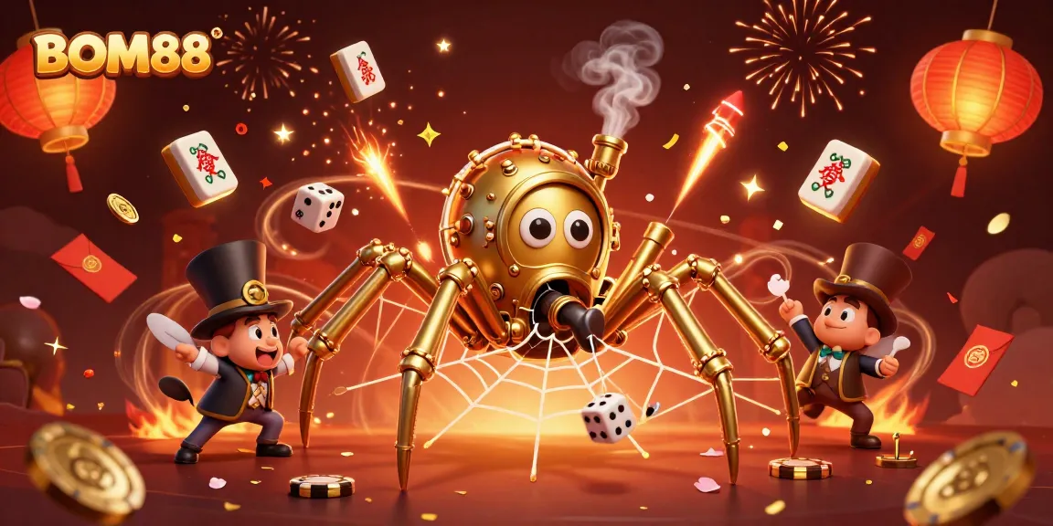 Engage with the vibrant BOM88 scene featuring a golden spider and playful gambling elements.