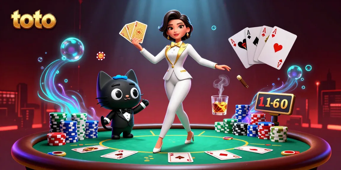 Toto-themed illustration showcasing a glamorous dealer shuffling cards with a stylish cat, creating an engaging casino scene.