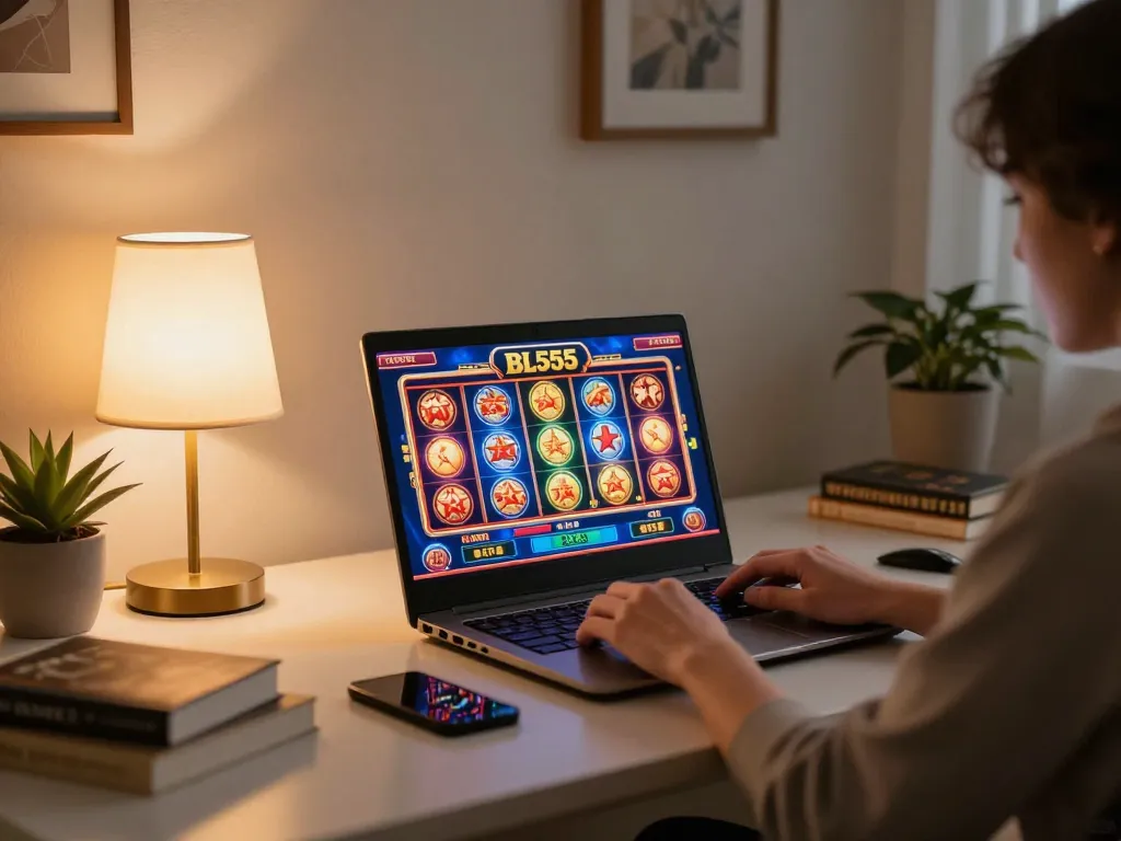 Player engaging with BL555 casino games on a sleek laptop in a cozy home setting.