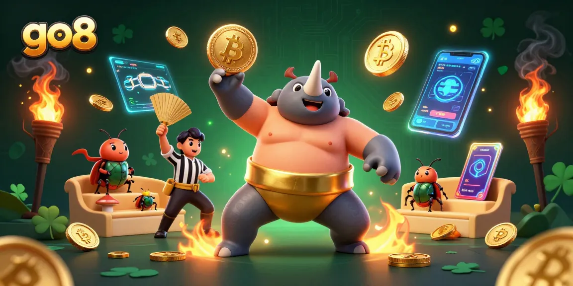 Win big at go8 with a thrilling 3D illustration of a beetle sumo champion surrounded by golden coins and cryptocurrency elements.
