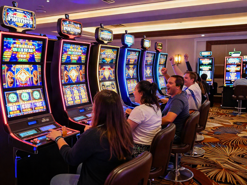 LUXURY111 Daftar di kasino yang megah, pemain bersenang-senang di mesin slot dengan semangat.