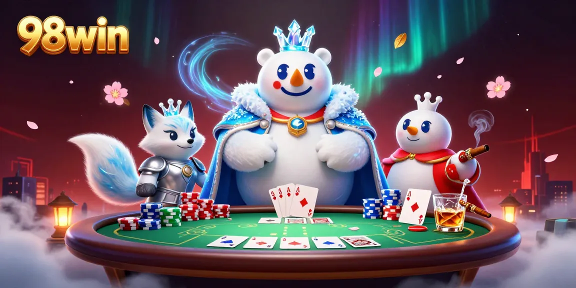 Play poker with 98win's vibrant characters, king polar bear and fox, amidst colorful gameplay elements.