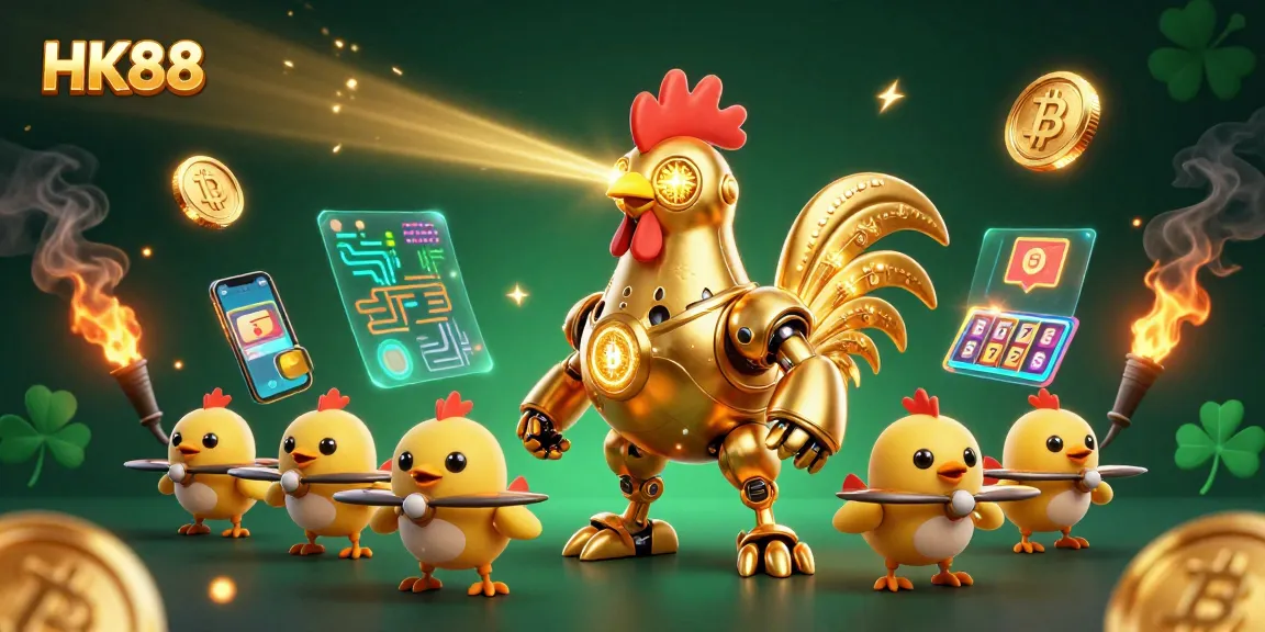 Engage with HK88's thrilling casino world, featuring a futuristic rooster robot and dynamic games.