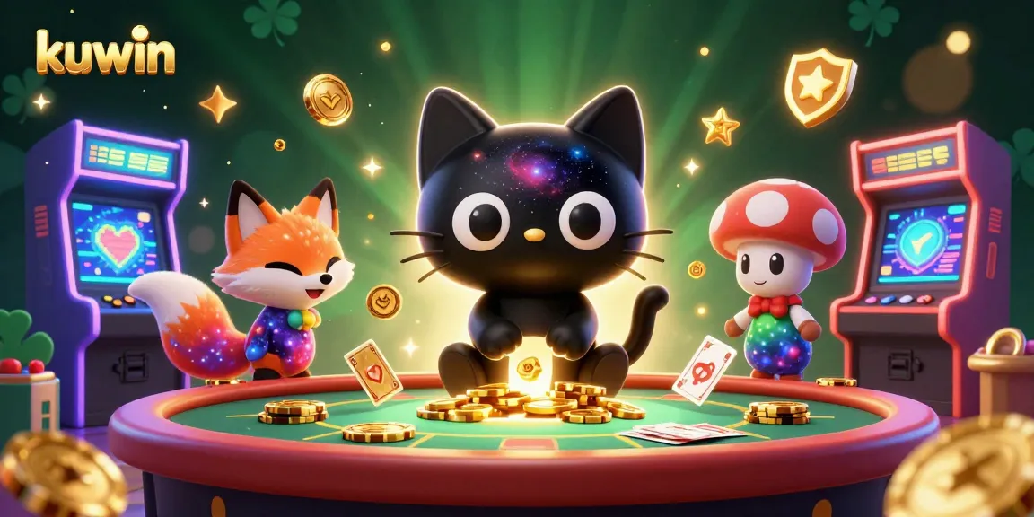 kuwin attracts players at a cosmic casino table, pulling in golden chips and cards with gravitational charm.