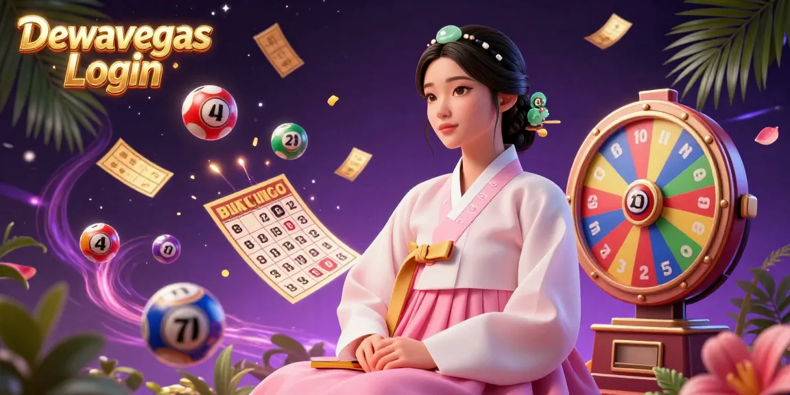 Dewavegas Login featuring vibrant casino elements and a serene Asian woman in traditional attire surrounded by colorful game objects.