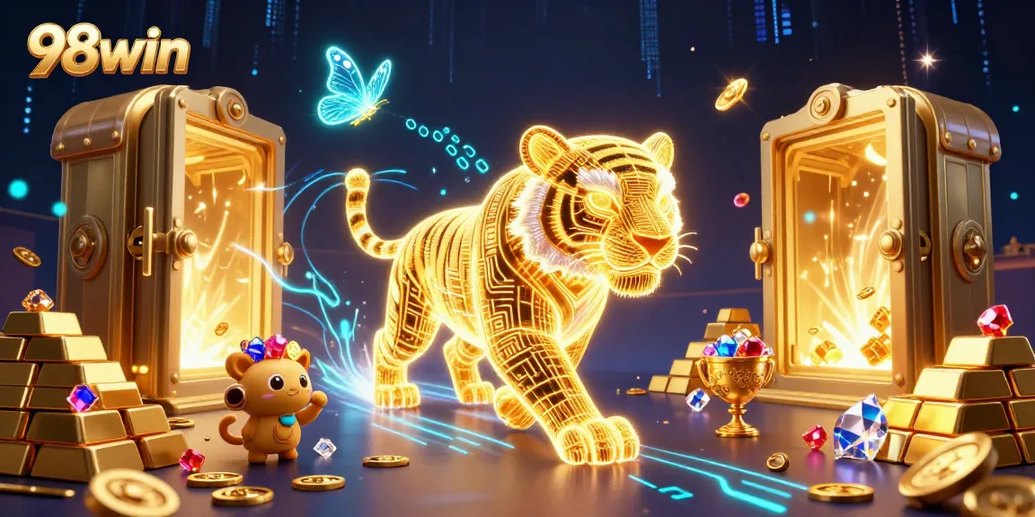Experience the thrill of winning at 98win with vibrant 3D casino illustration featuring golden tiger and treasures.