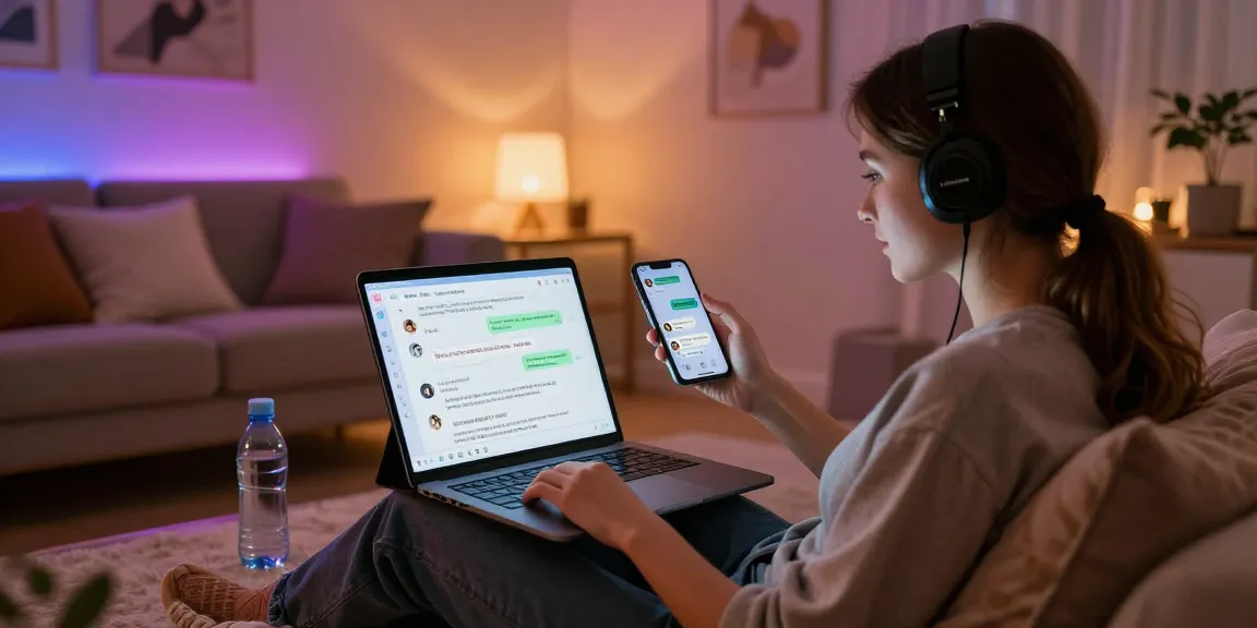 User enjoying a playful chat with an NSFW chat bot on a tablet in a cozy, ambient-lit room.