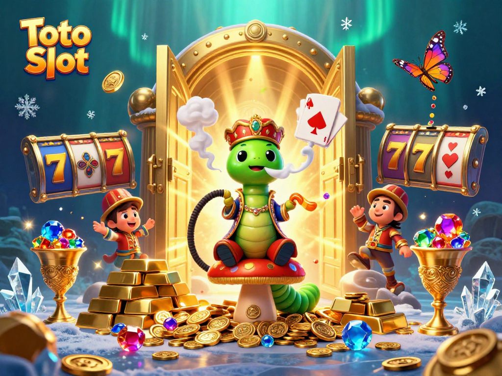 Toto Slot fun: 3D cartoon caterpillar master in a royal setting surrounded by slot elements and treasures.