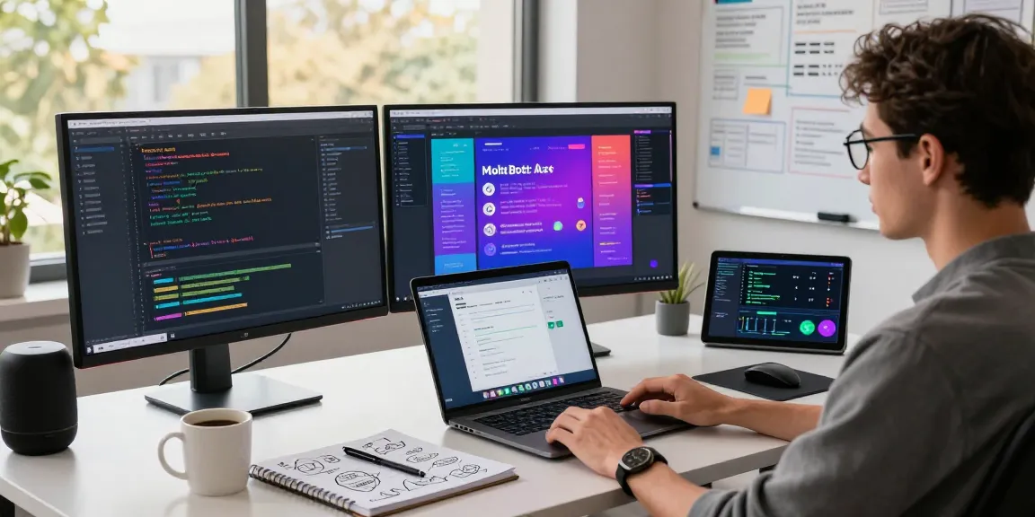 MoltBot AI empowers developers in a modern workspace by automating tasks, showcased through vibrant coding activity and innovative tech tools.