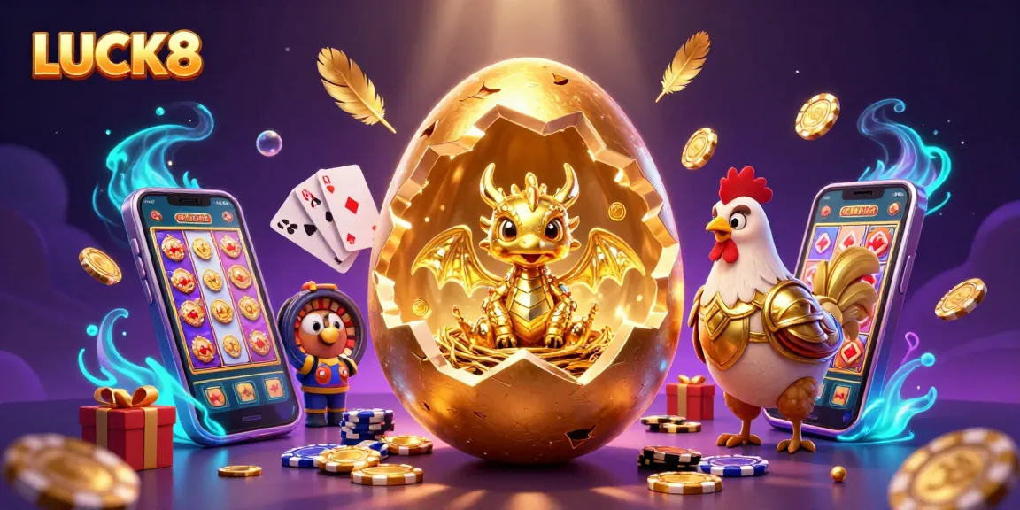 Experience LUCK8's thrilling gaming world with a golden dragon, poker chips, and vibrant slots.