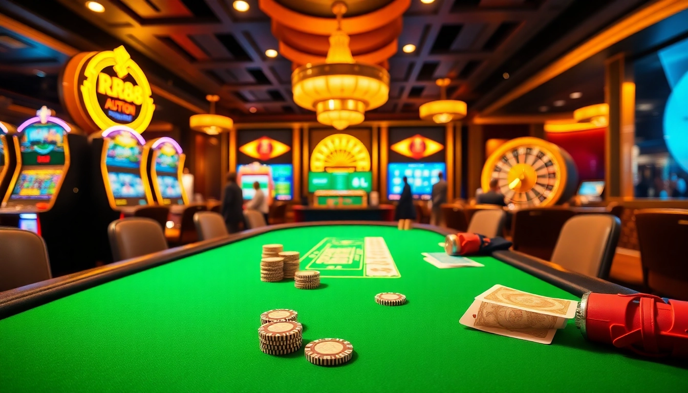 Engaging players at the RR88 Auction table surrounded by vibrant casino visuals and excitement.