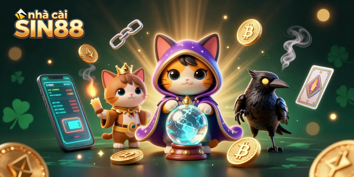 Experience the thrill at nhà cái SIN88 with a vibrant 3D casino illustration featuring mystical characters and crypto elements.
