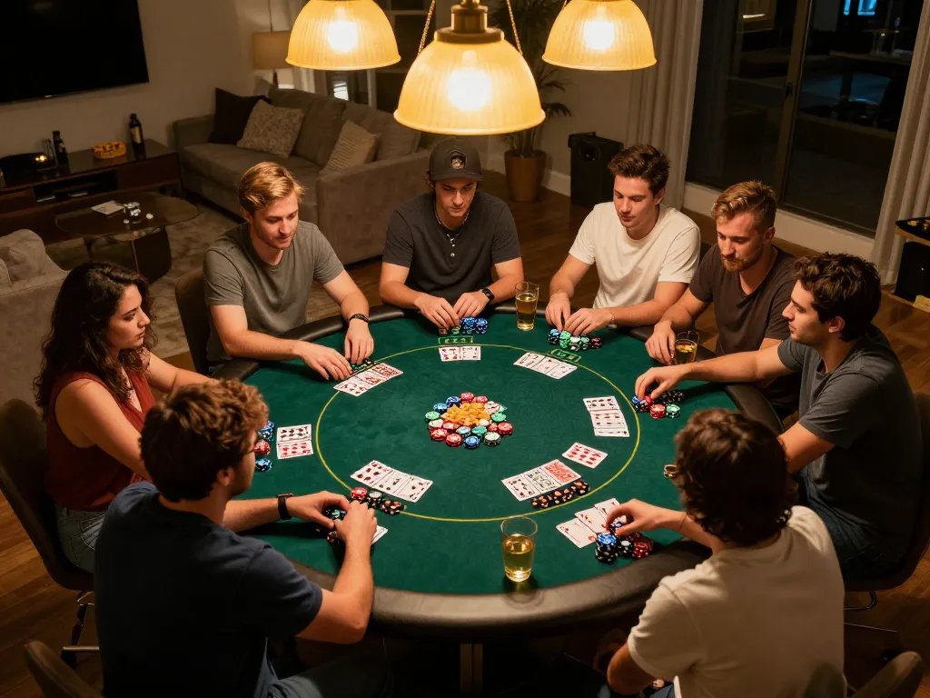 Toto SGP players strategizing around a lively poker table during a home game night