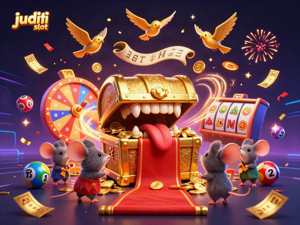 Judi slot dengan ilustrasi kekayaan dan simbol keberuntungan dalam suasana berwarna cerah.
