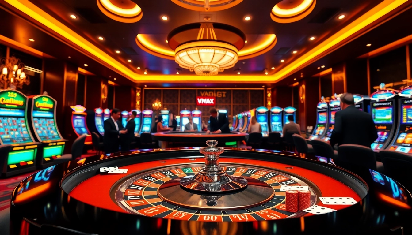 Gamblers enjoying a thrilling experience at the Vmax casino with roulette, poker, and slot machines.