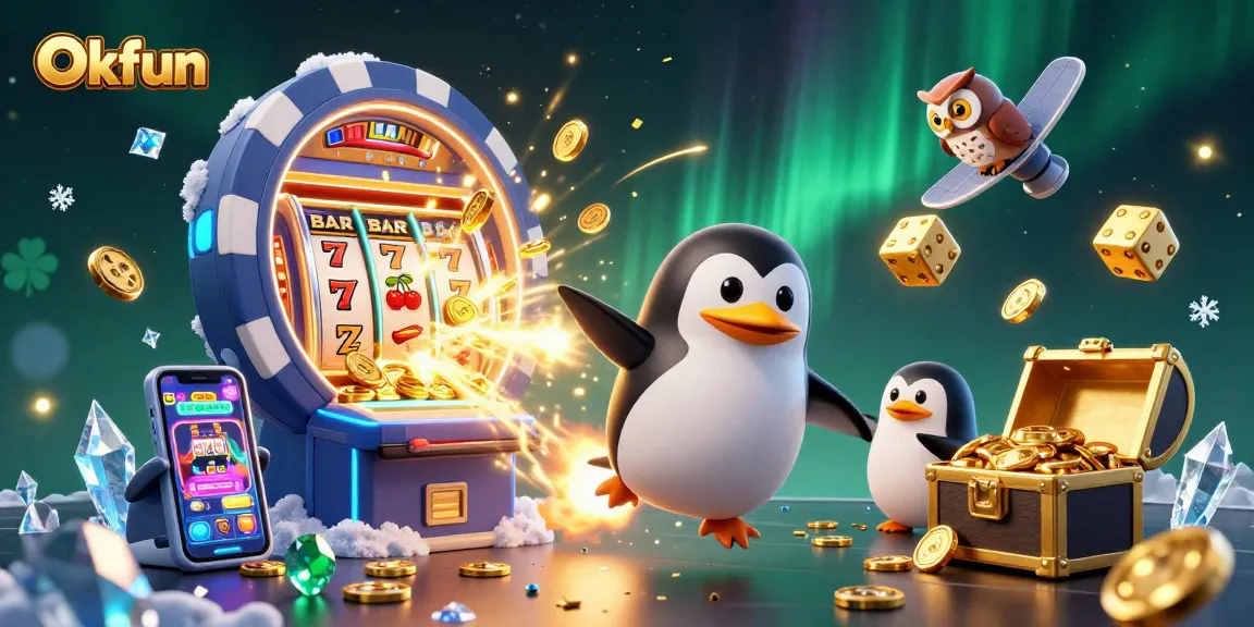 Okfun casino adventure with a golden penguin and casino elements generating excitement in a vibrant scene.