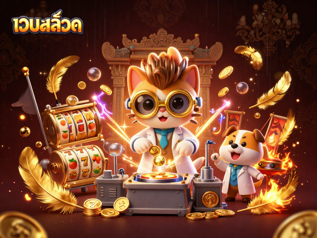 Experience เว็บสล็อต excitement with a cartoon mad scientist cat creating a gold-coin machine.