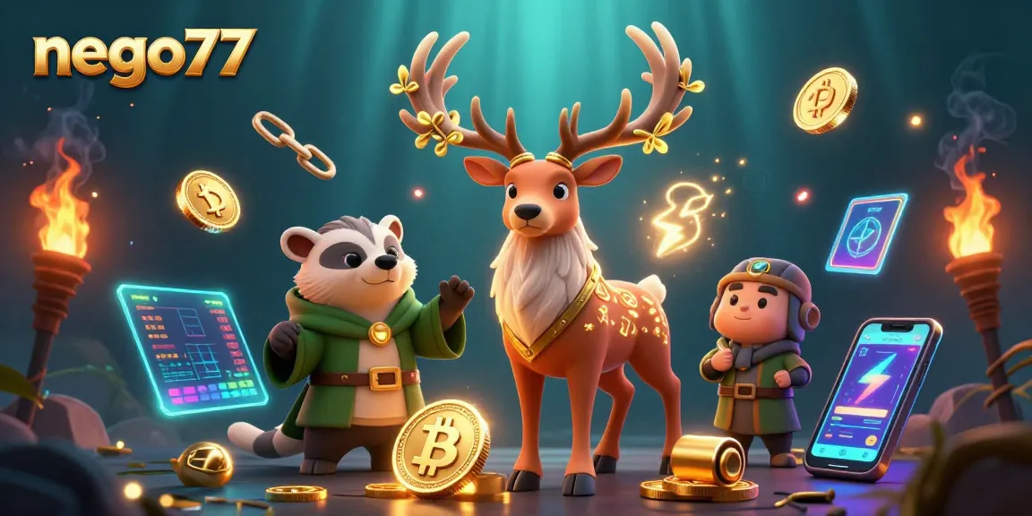 Spin to win with nego77's vibrant gaming ecosystem depicted in 3D fantasy illustration.