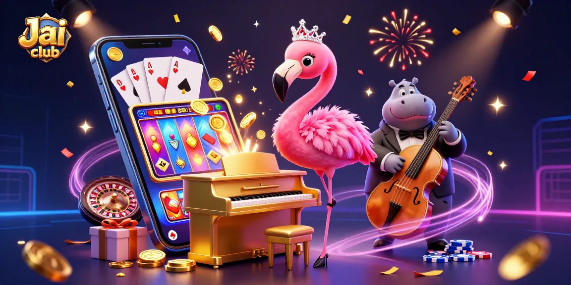 Join the lively scene at Jai club's casino with a flamingo singer and hippo bassist amidst a backdrop of slot games and confetti.